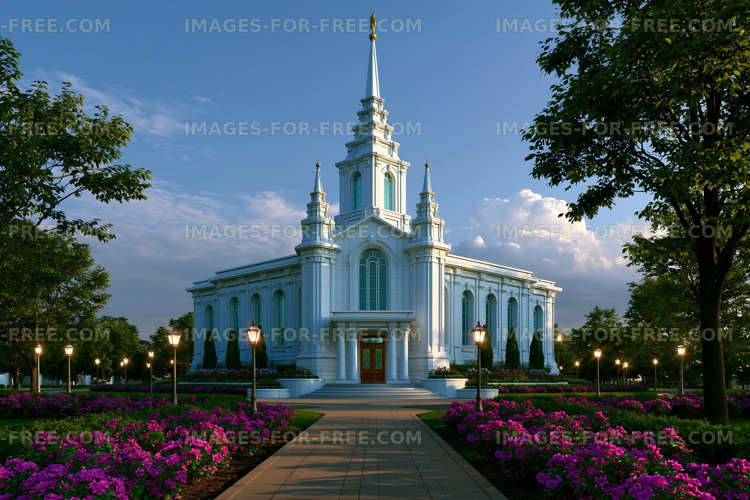 Modern church building surrounded by flowers and trees