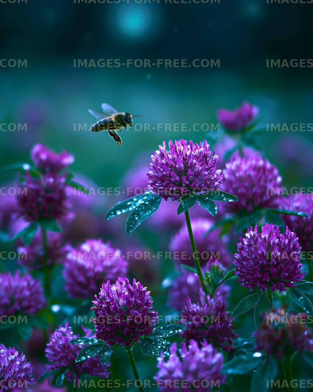 Bee hovering over purple flowers in a garden