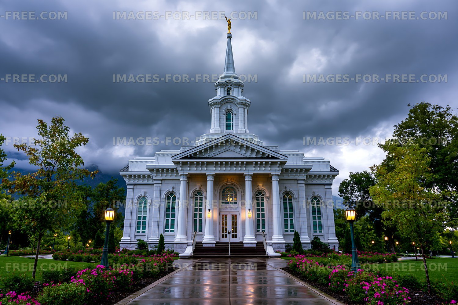 Historic church building with stormy sky