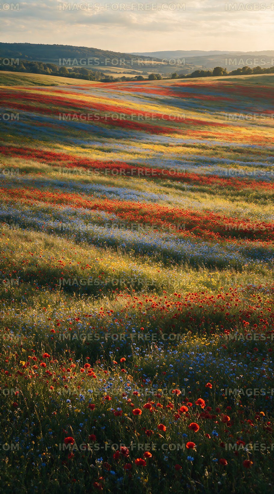 Vibrant flower field in rolling landscape during golden hour
