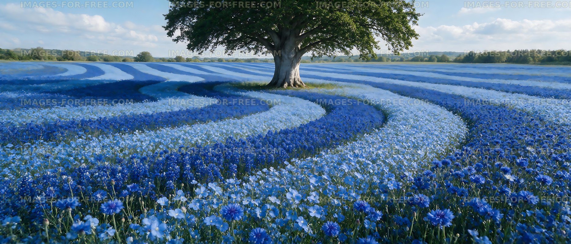 Tree in blue flower field with wavy patterns