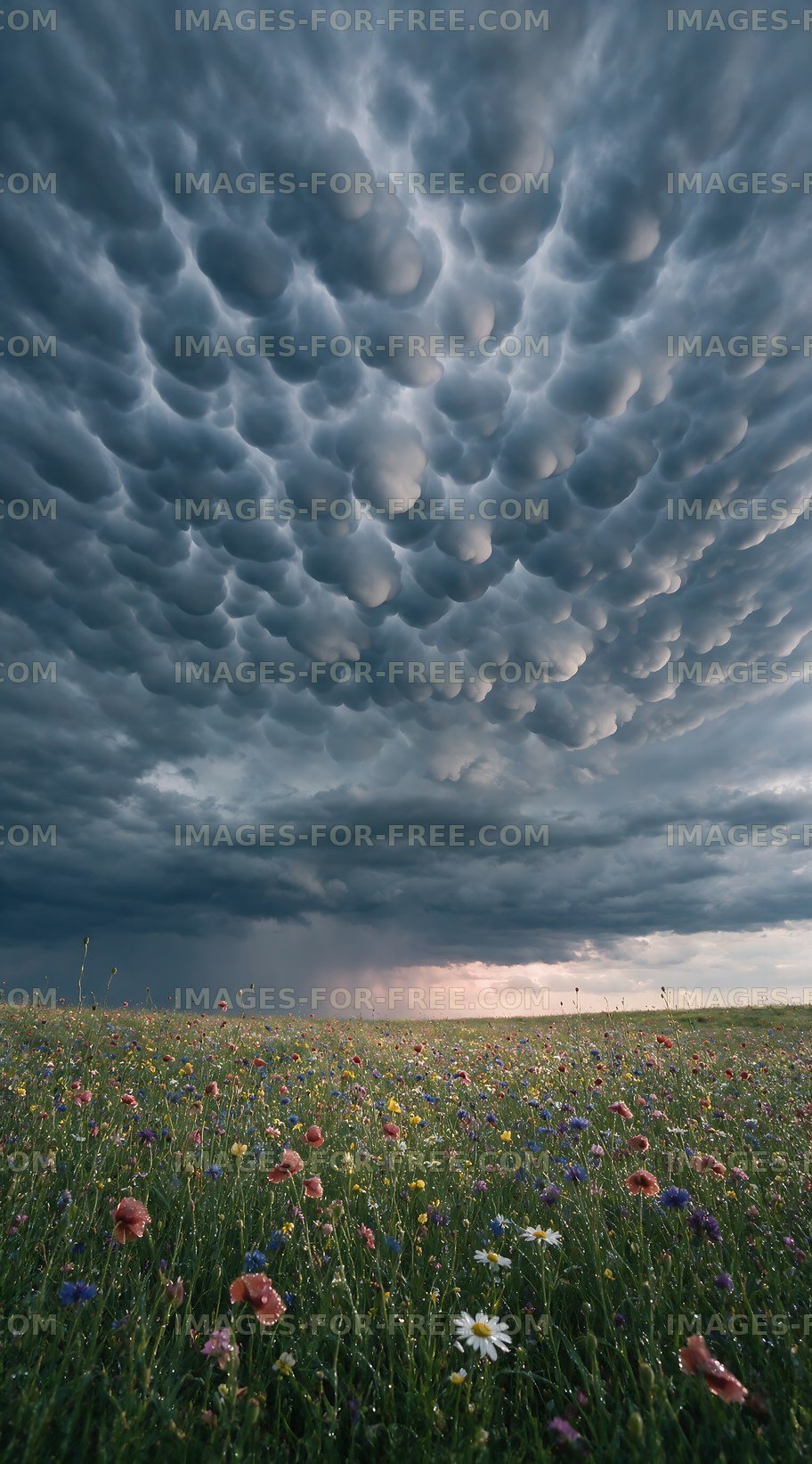 Mammatus clouds over a wildflower field at sunset