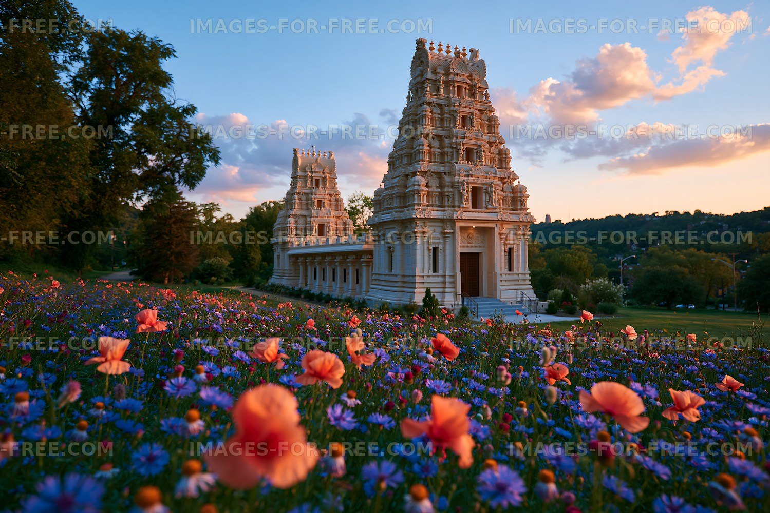 Temple surrounded by colorful flowers at sunset