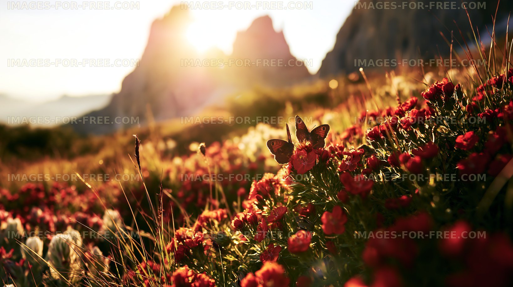 Morning sun shines on flowers and butterflies in the mountains