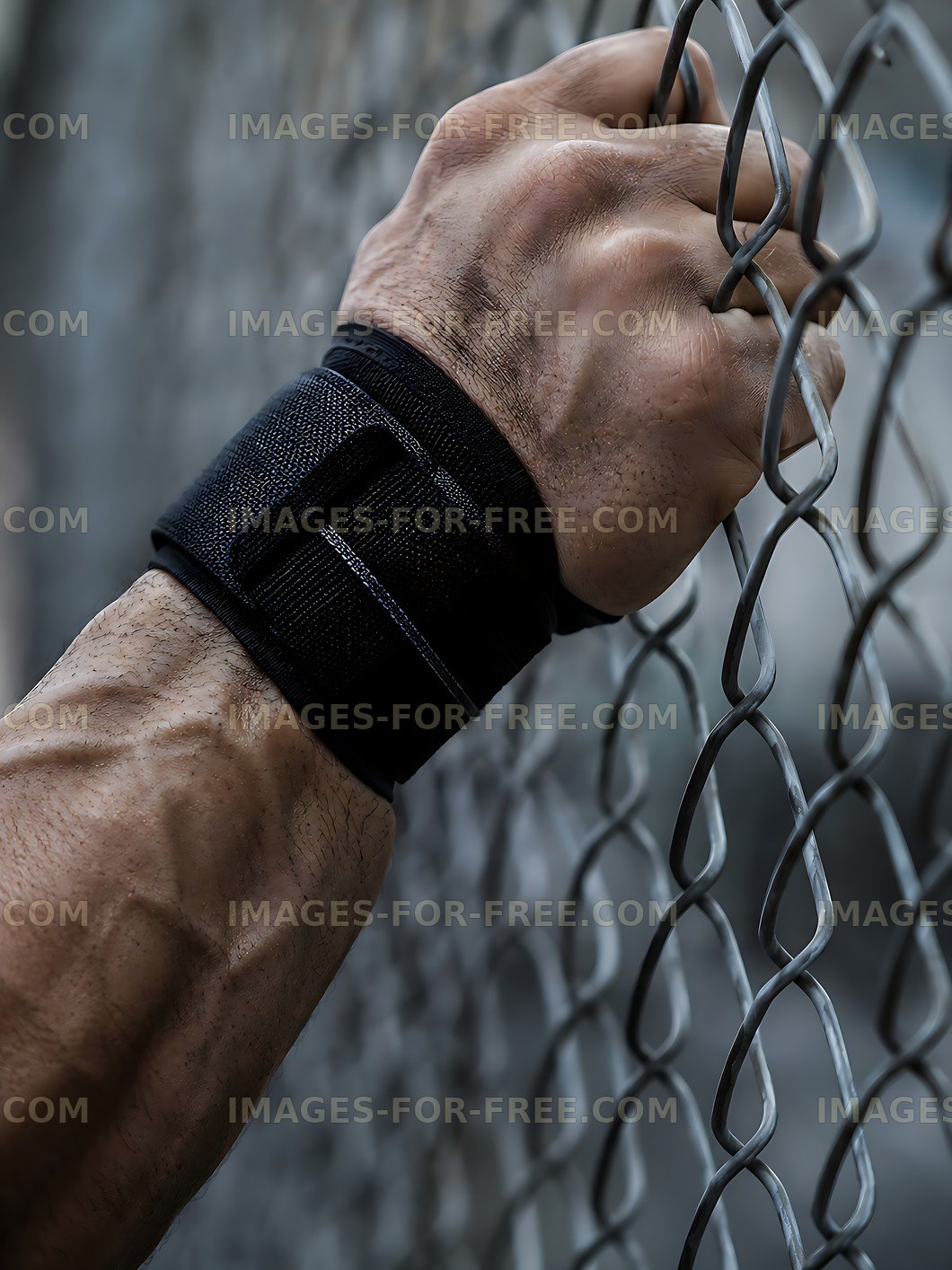 Hand gripping chain-link fence with wrist support