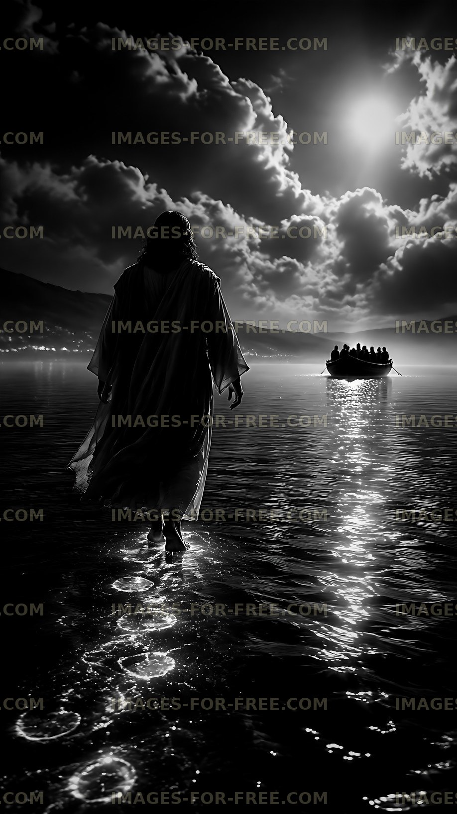 Walking on water in a serene landscape at night
