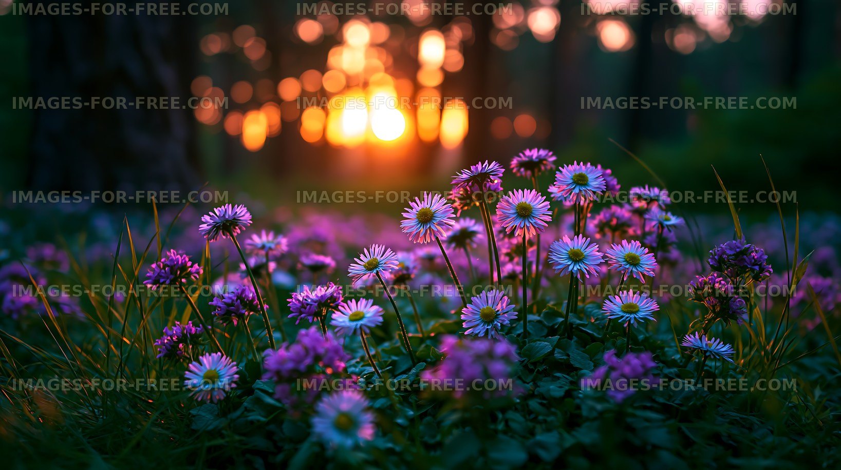 Bright flowers in a forest at sunset