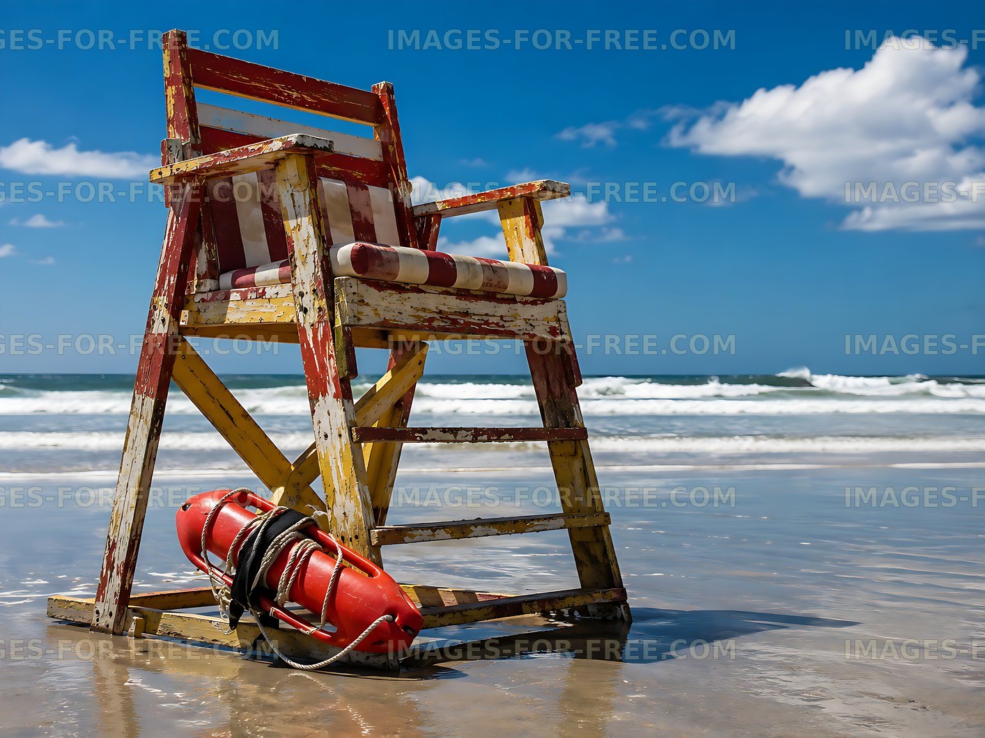 Lifeguard chair by the ocean with a lifebuoy nearby