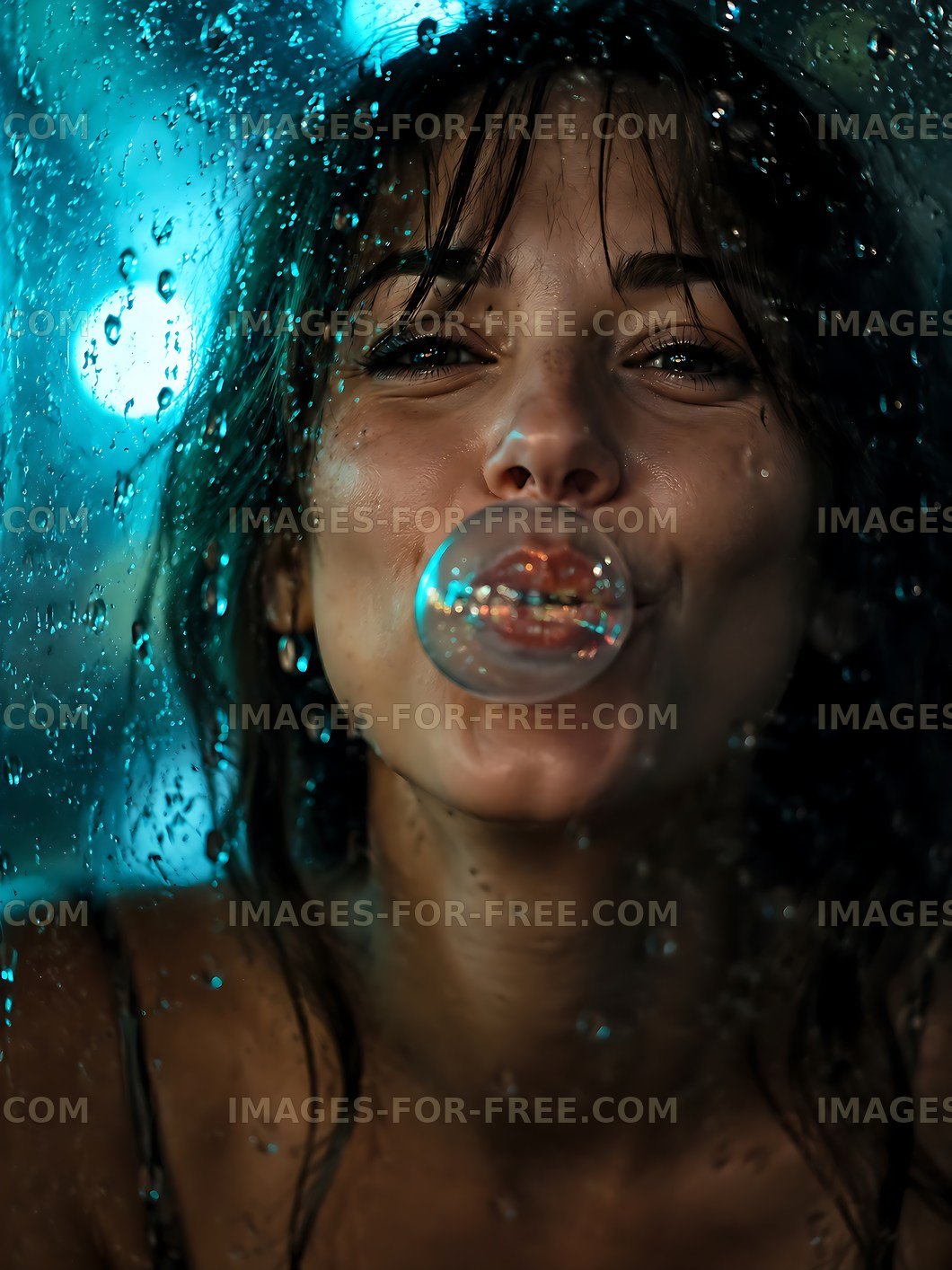 Woman blowing bubble gum behind wet glass