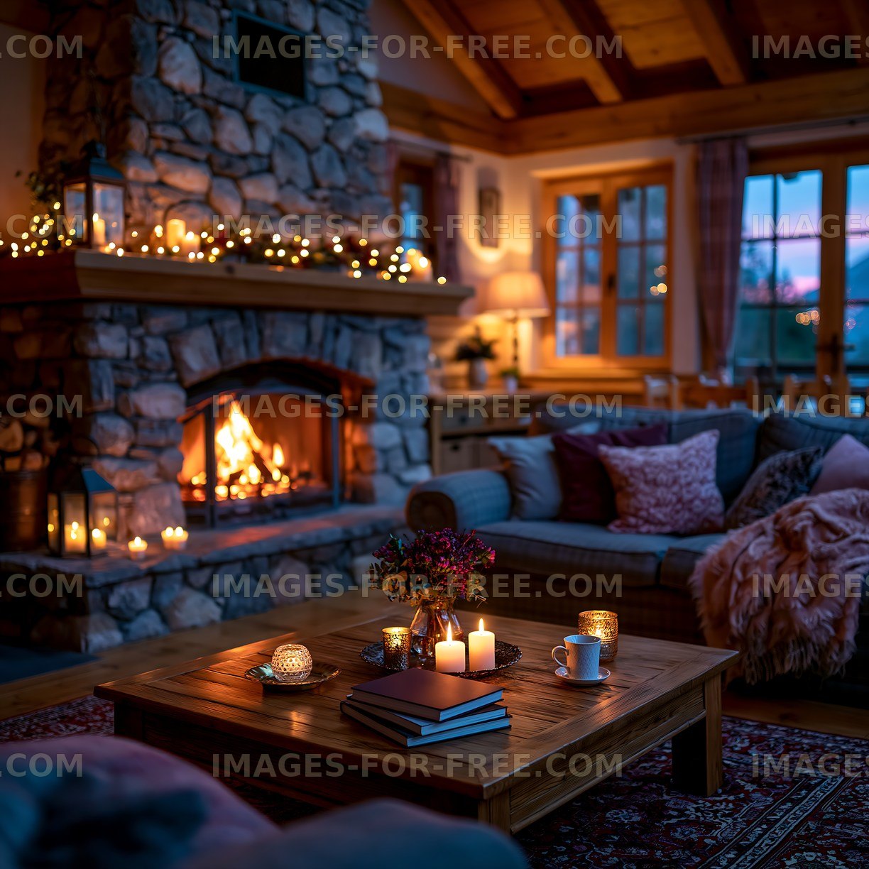 Cozy living room with fireplace and decorative candles at dusk