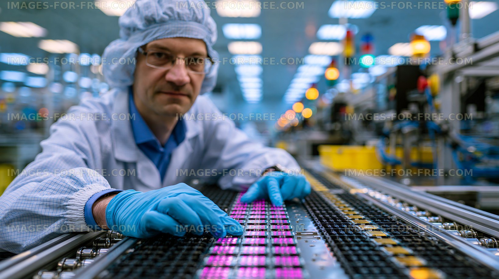 Worker assembling electronics in a factory setting