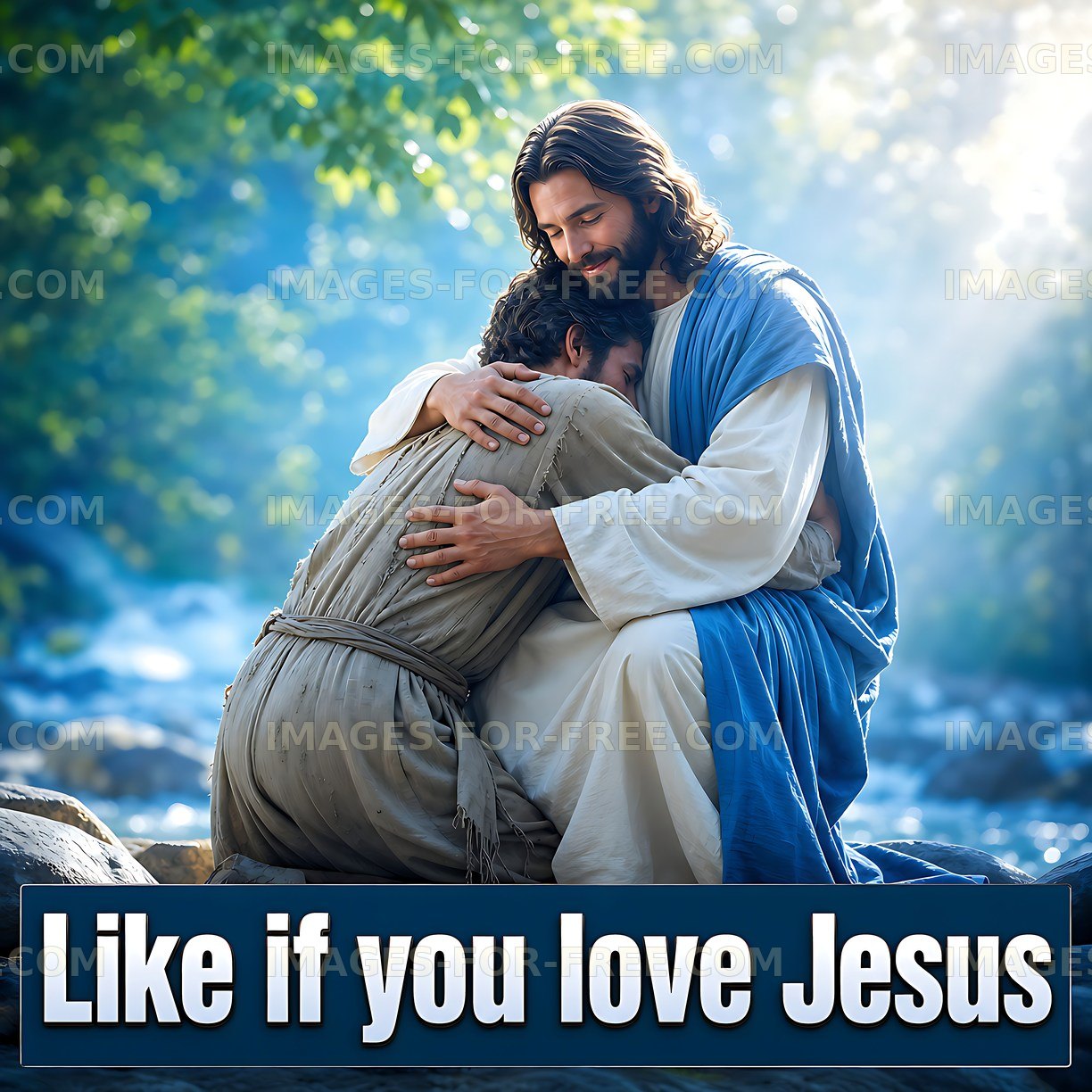 Man embracing Jesus in a nature setting near a river