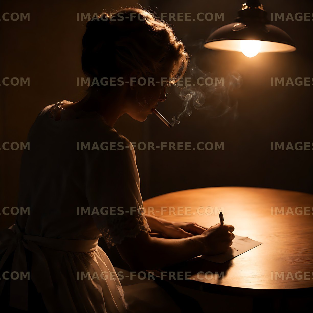 Woman writing at a table with a cigarette in a dim room