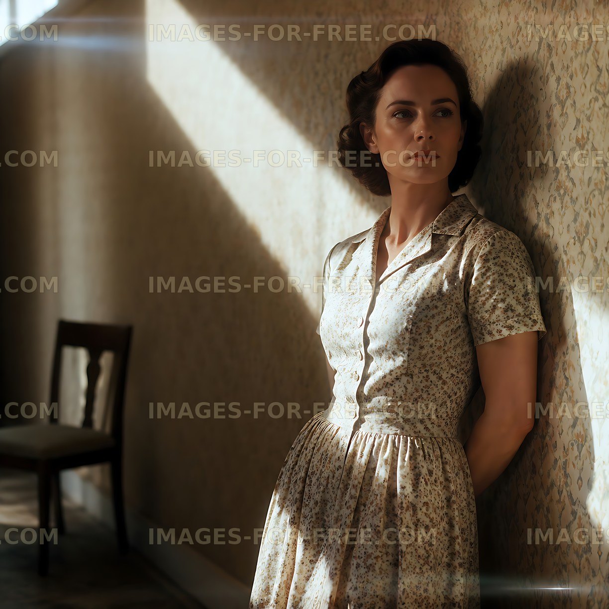 Woman in vintage dress standing by a wall in a dimly lit room