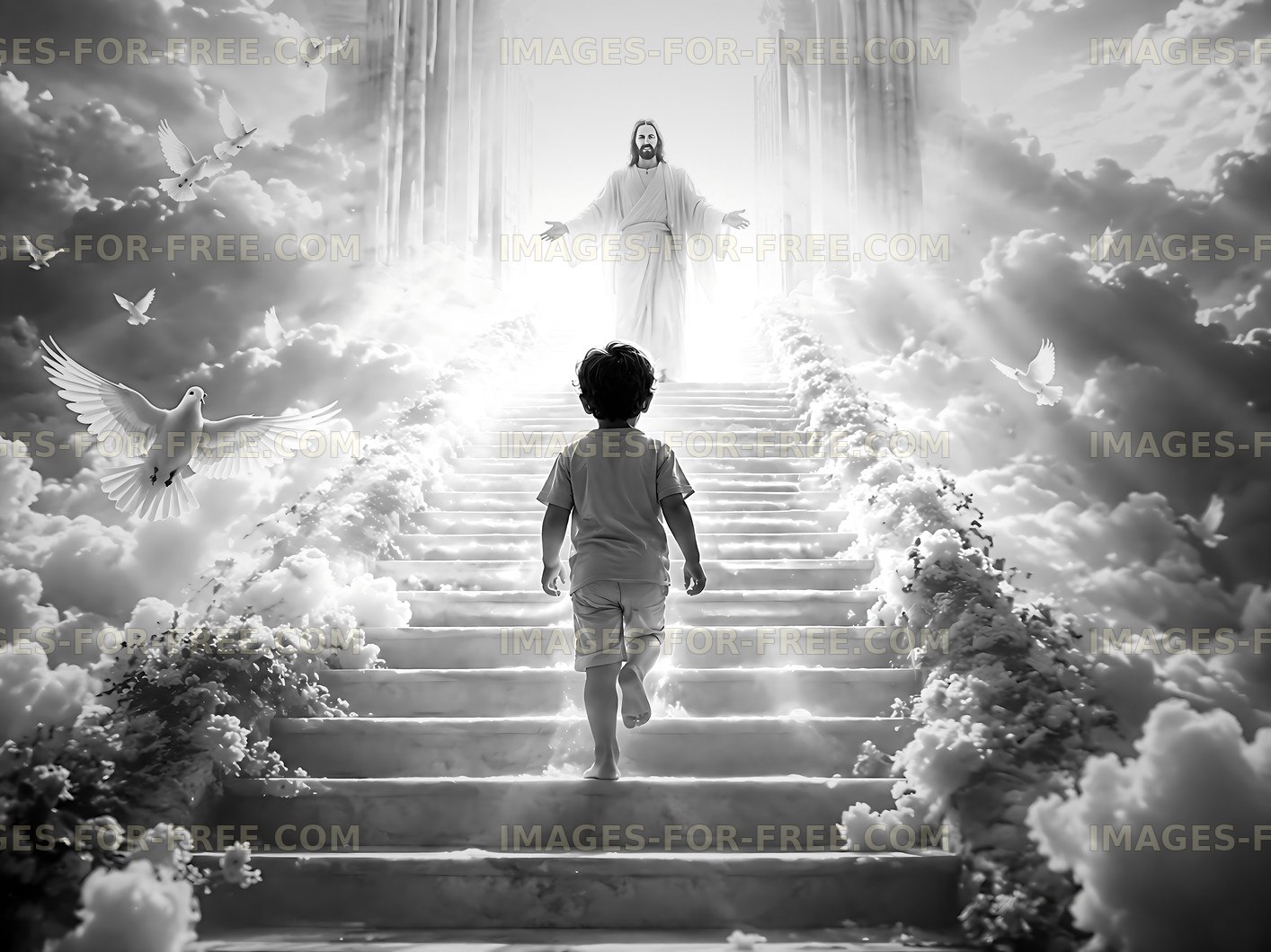 Child walking up staircase to Jesus in heaven