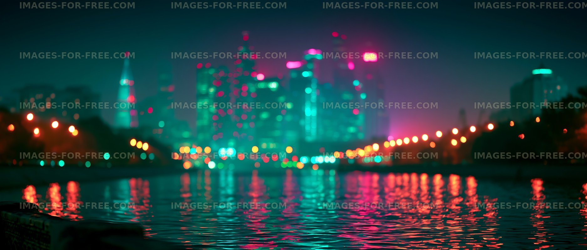 City skyline at night with colorful lights and reflections
