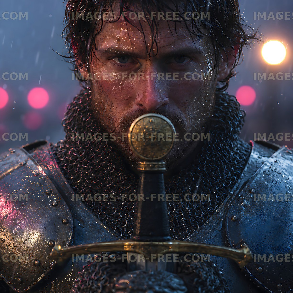 Warrior holding sword in rain with lights in background