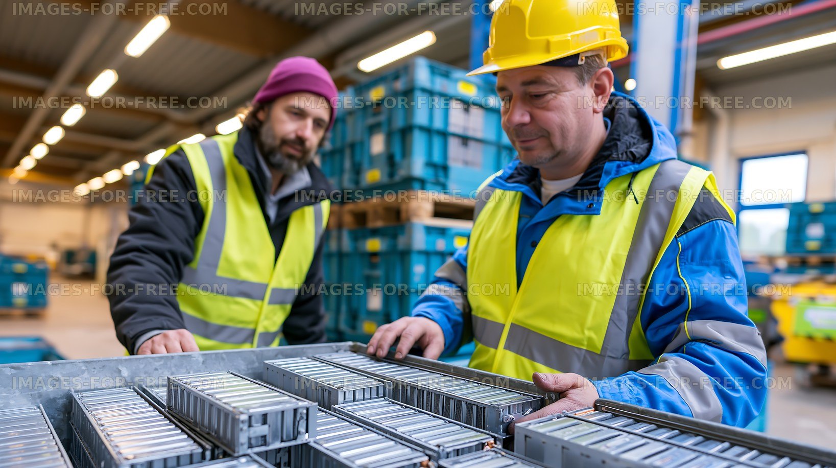 Workers inspecting storage containers in a warehouse