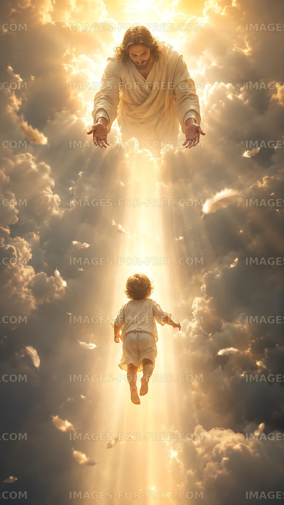 Child reaching towards a figure in the clouds