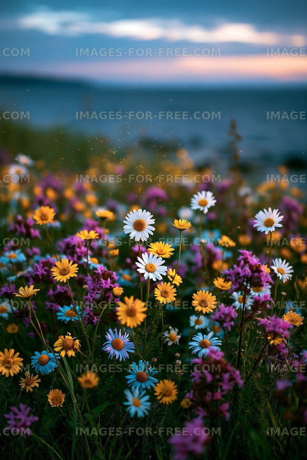 Colorful wildflowers bloom near the water at sunset