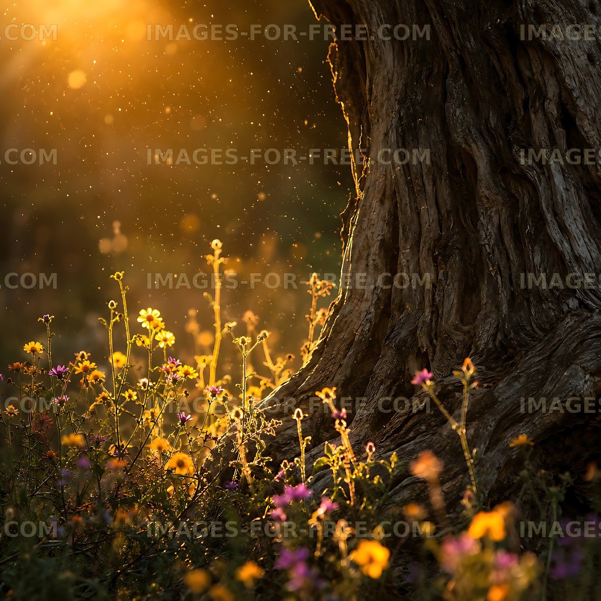 Sunlight filtering through flowers near a tree trunk