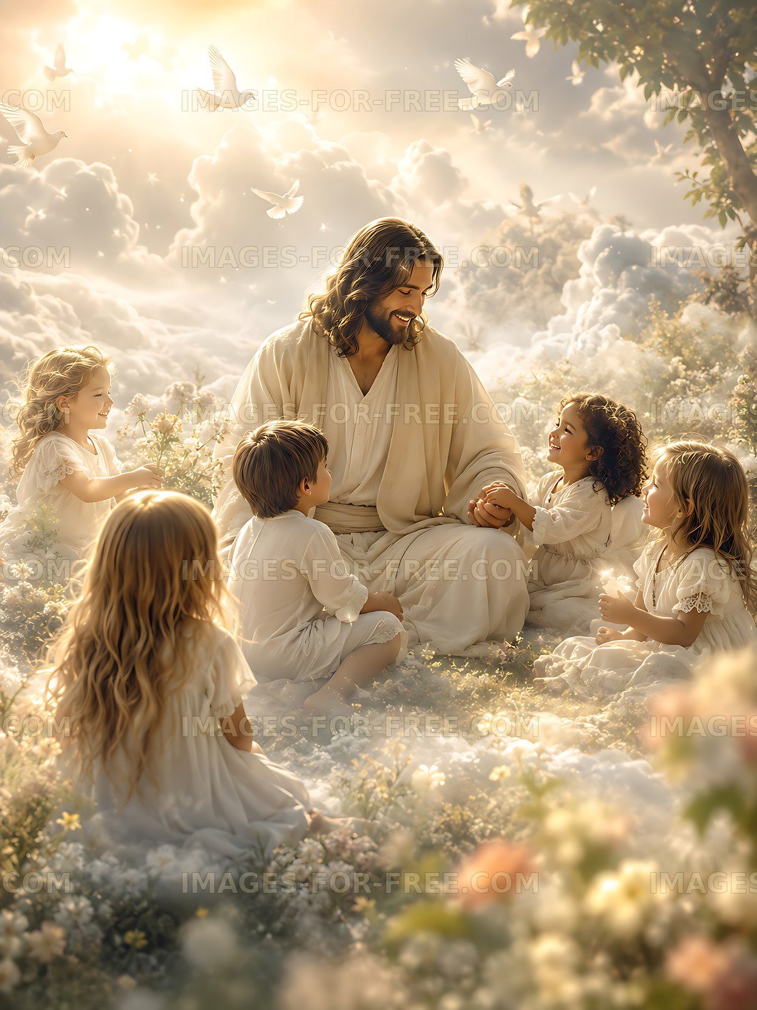 Children gather around a figure in a serene cloud setting