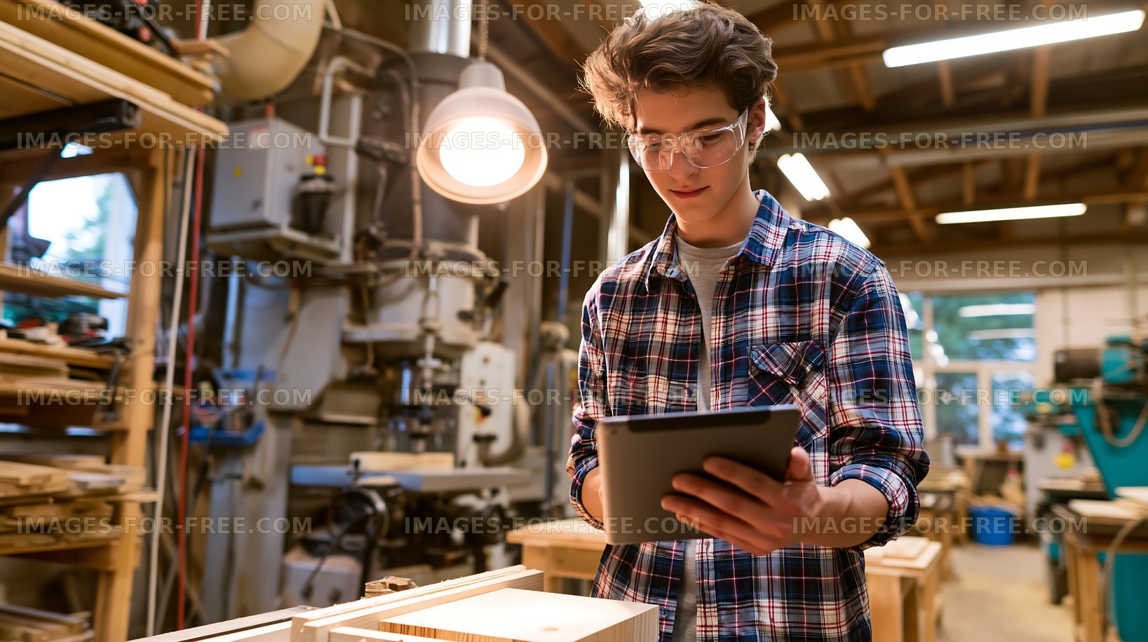 Young carpenter using tablet in a woodworking shop