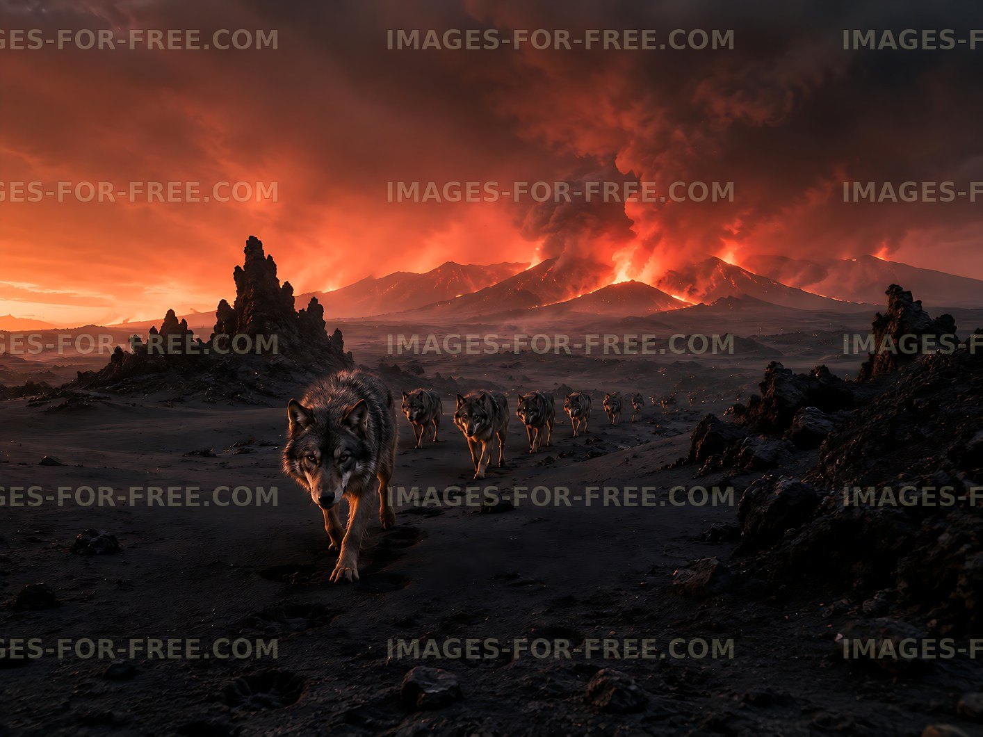 Wolves walking through volcanic landscape at sunset