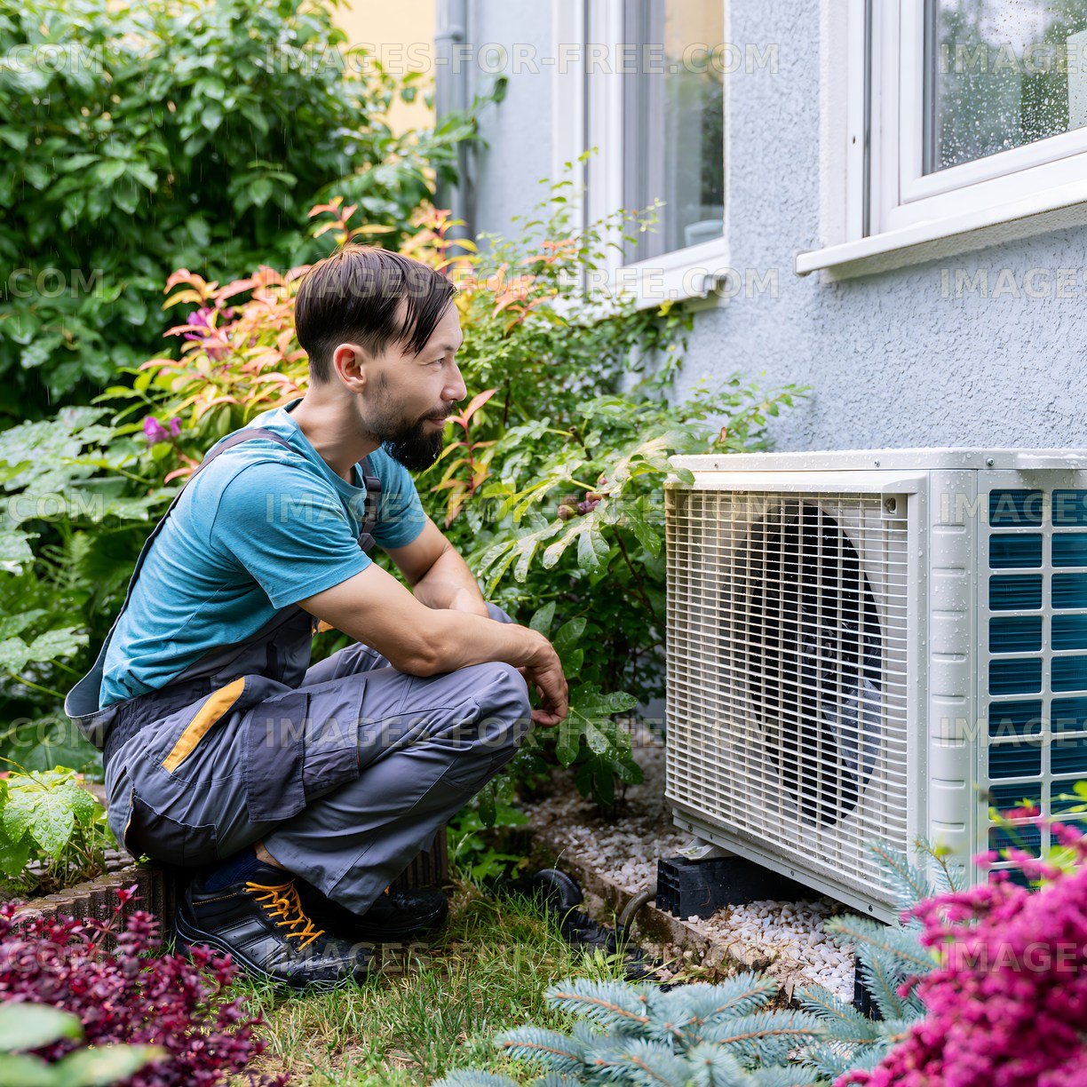 Technician inspects air conditioning unit in home garden