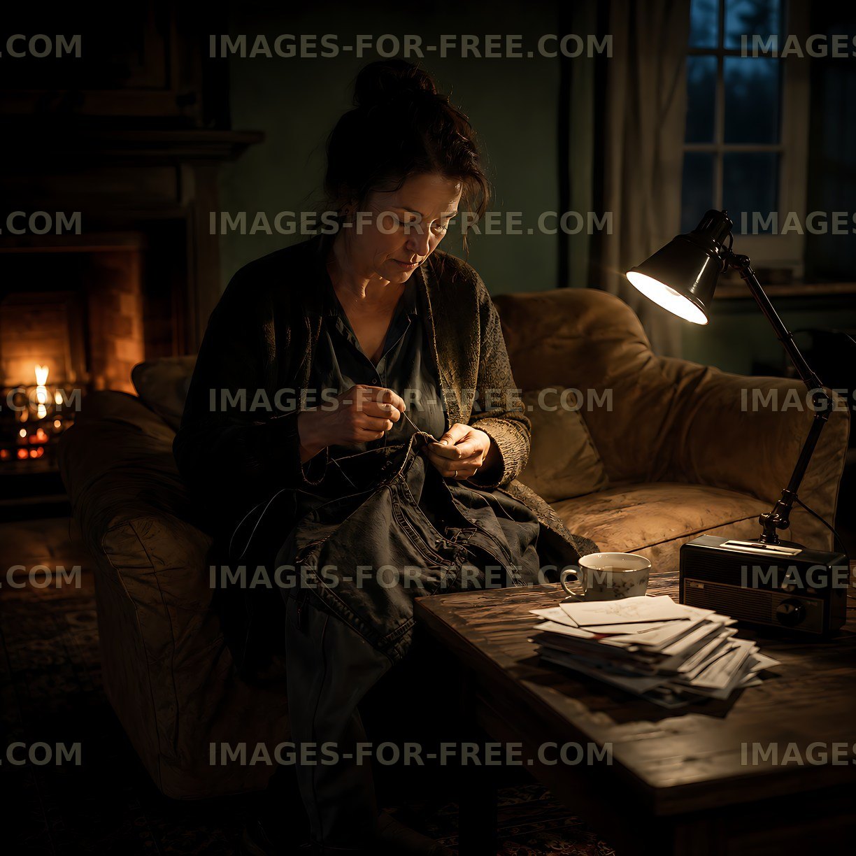Woman sewing while sitting in cozy living room at dusk