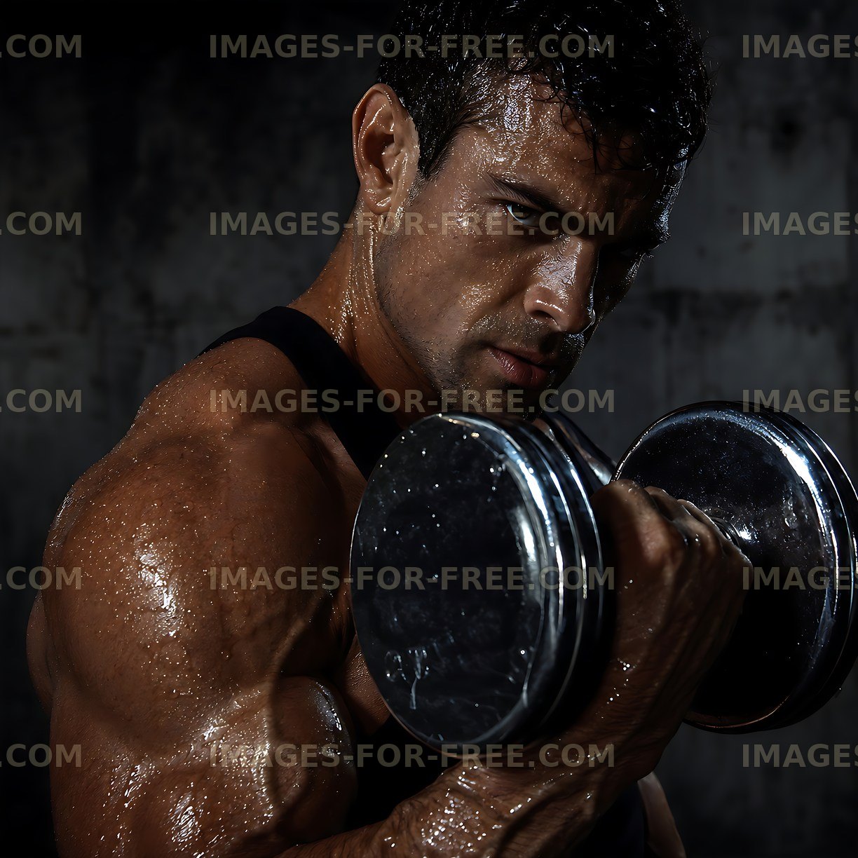 Muscular man lifting dumbbell in dimly lit gym