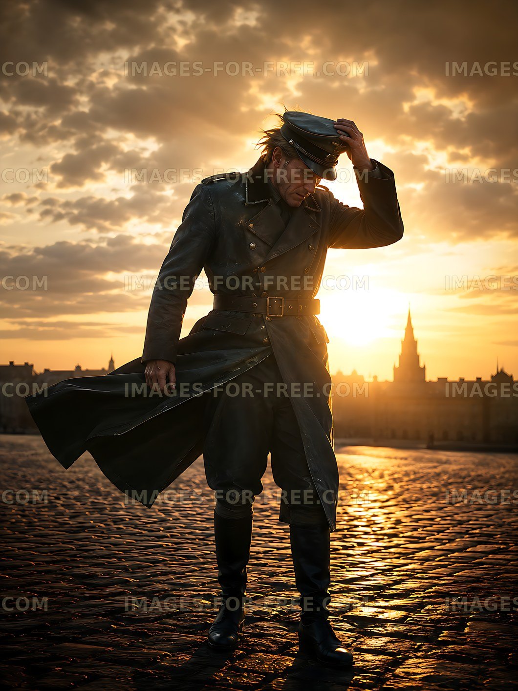 Man in military coat adjusting cap at sunset