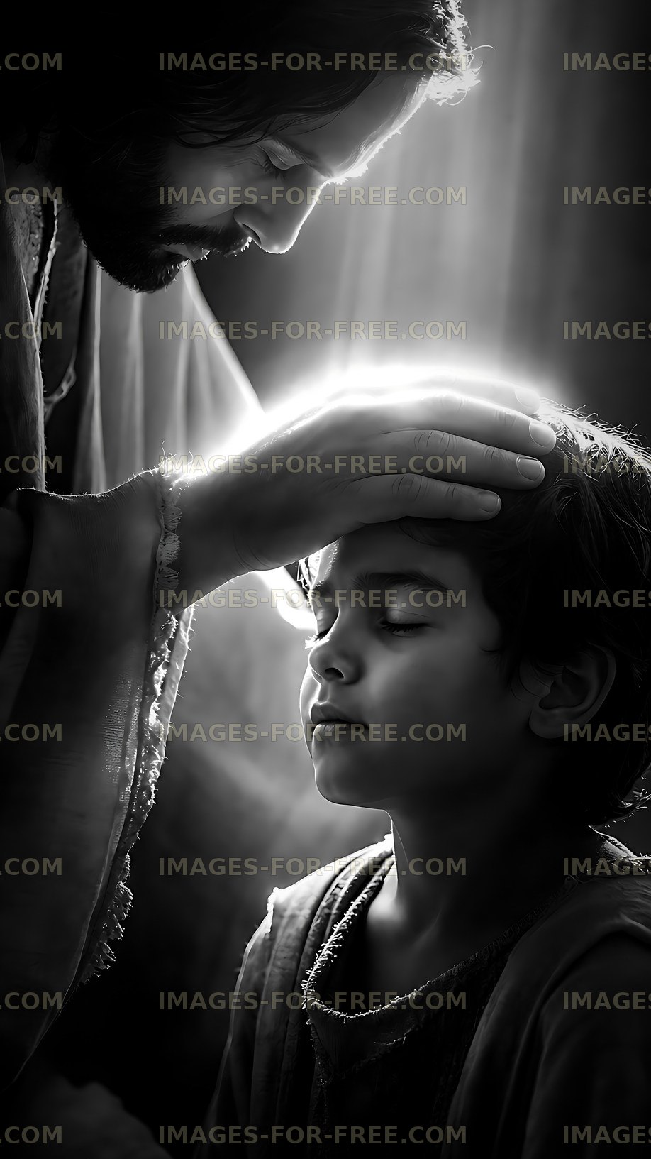 A man blesses a child in a light-filled setting