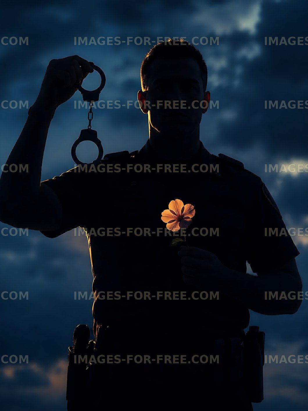 Police officer holding handcuffs and flower against cloudy sky