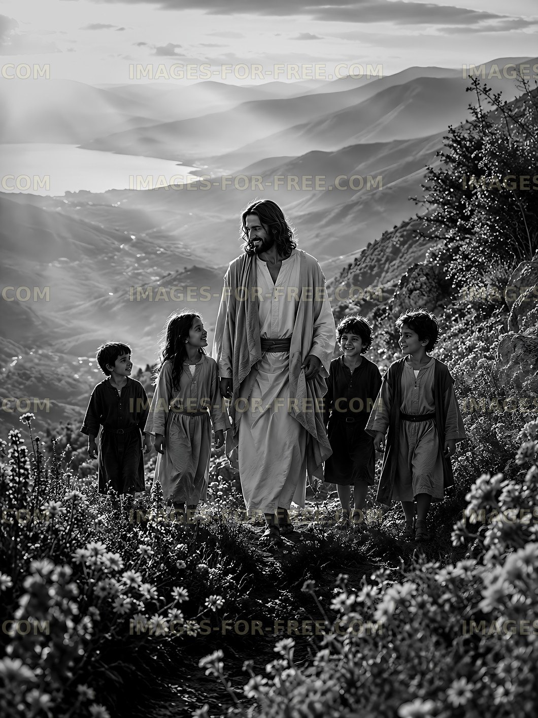 Jesus walking with children on a mountain path