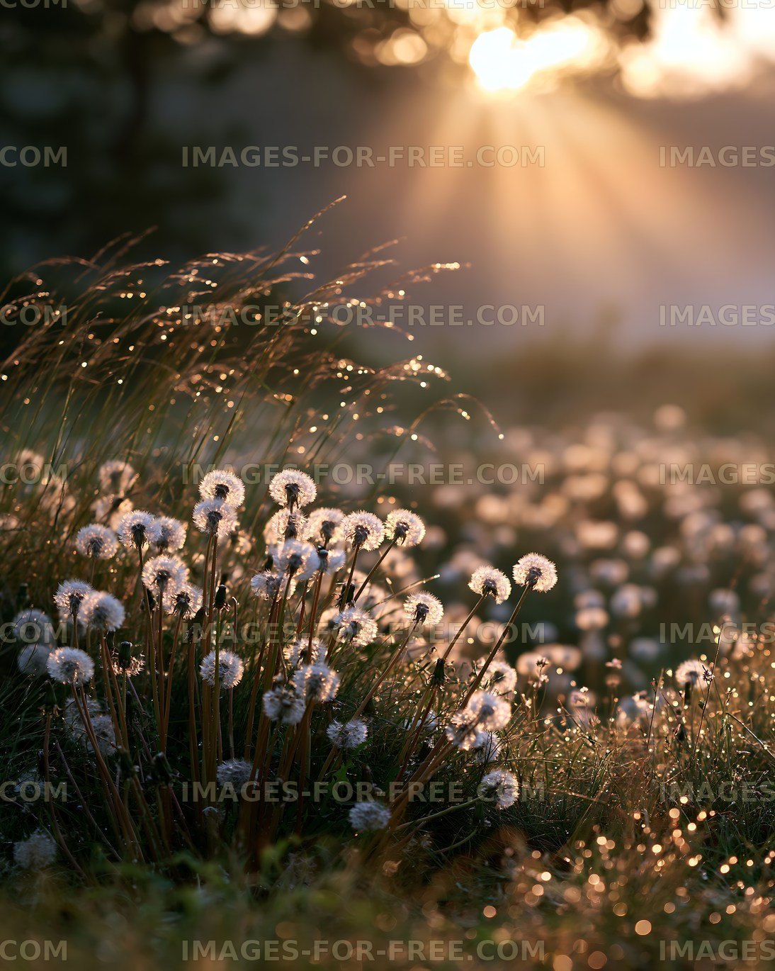 Sunlight shines on dandelion flowers in early morning