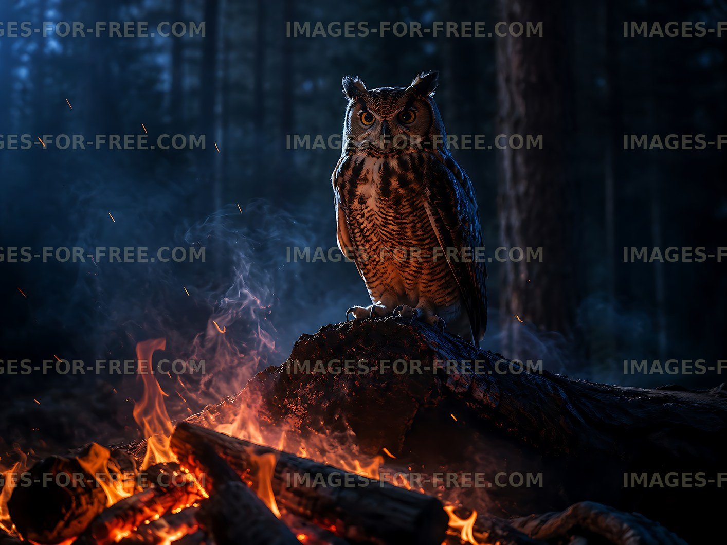 Owl perched by the campfire at night in the forest