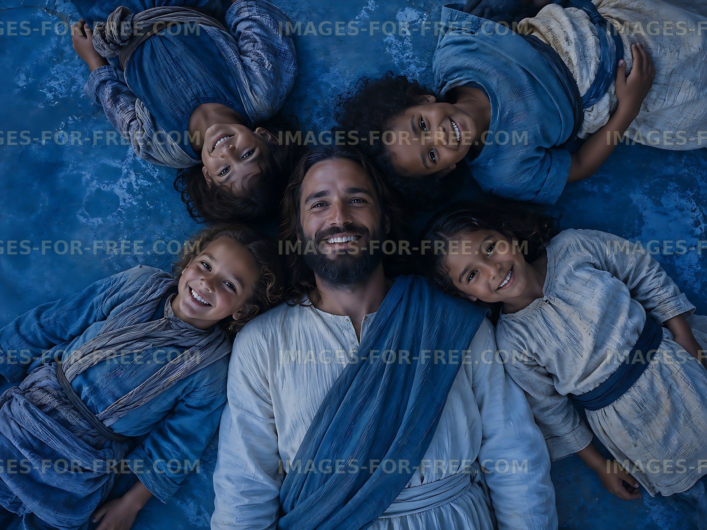 Smiling group of children with man in blue clothing