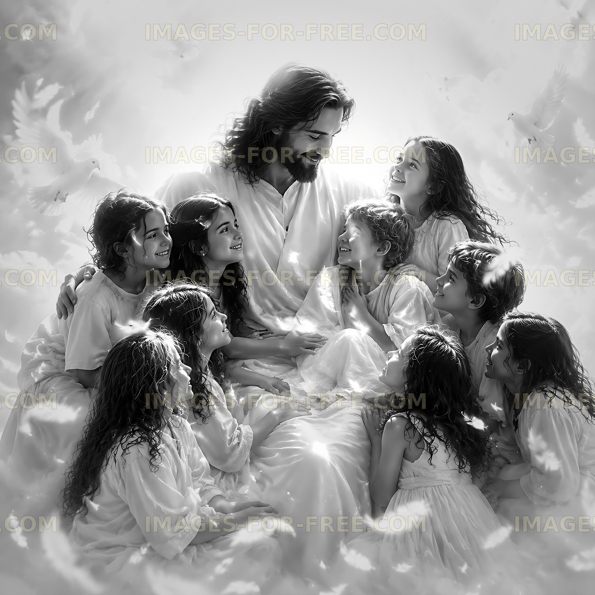 Jesus surrounded by children with doves in a soft glow