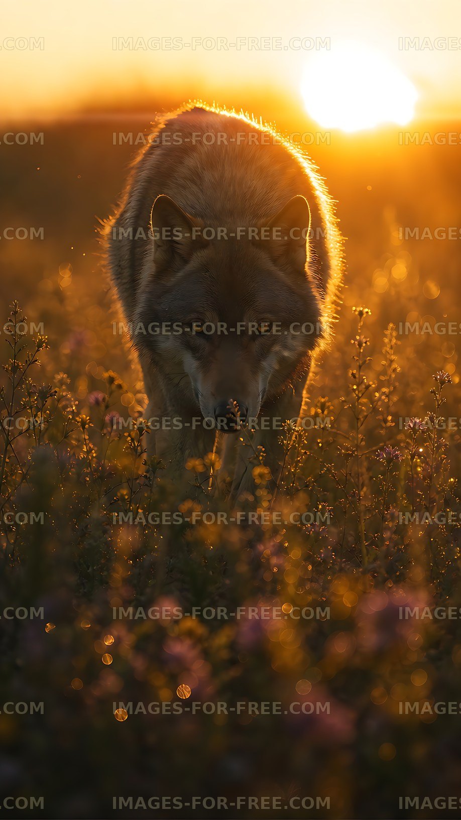 Wolf walking through wildflowers at sunset