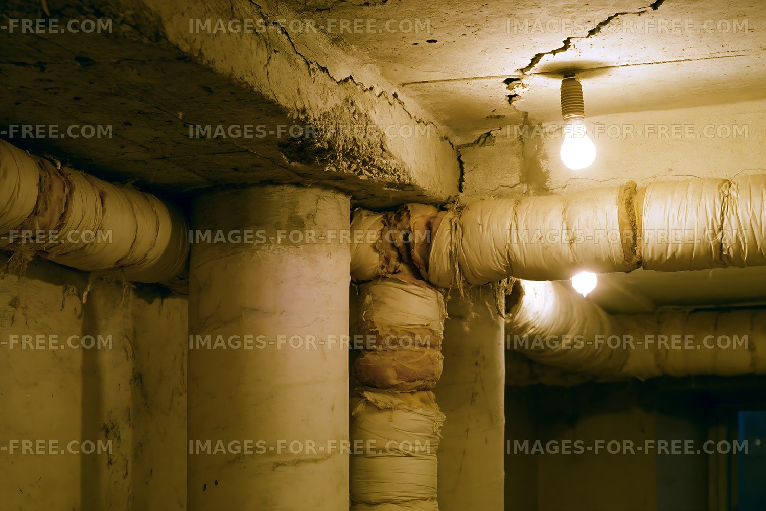 Old basement with concrete pillars and exposed pipes