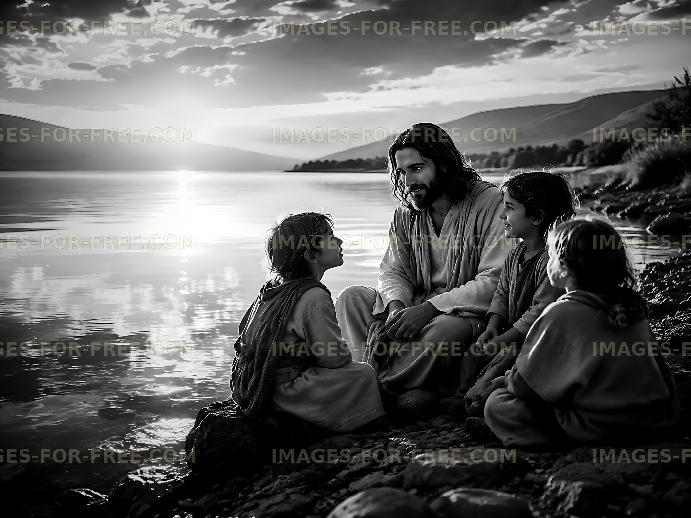 Jesus teaching children by the water at sunset