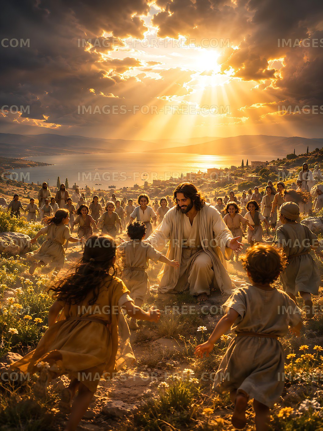 Jesus surrounded by children in a mountainous landscape