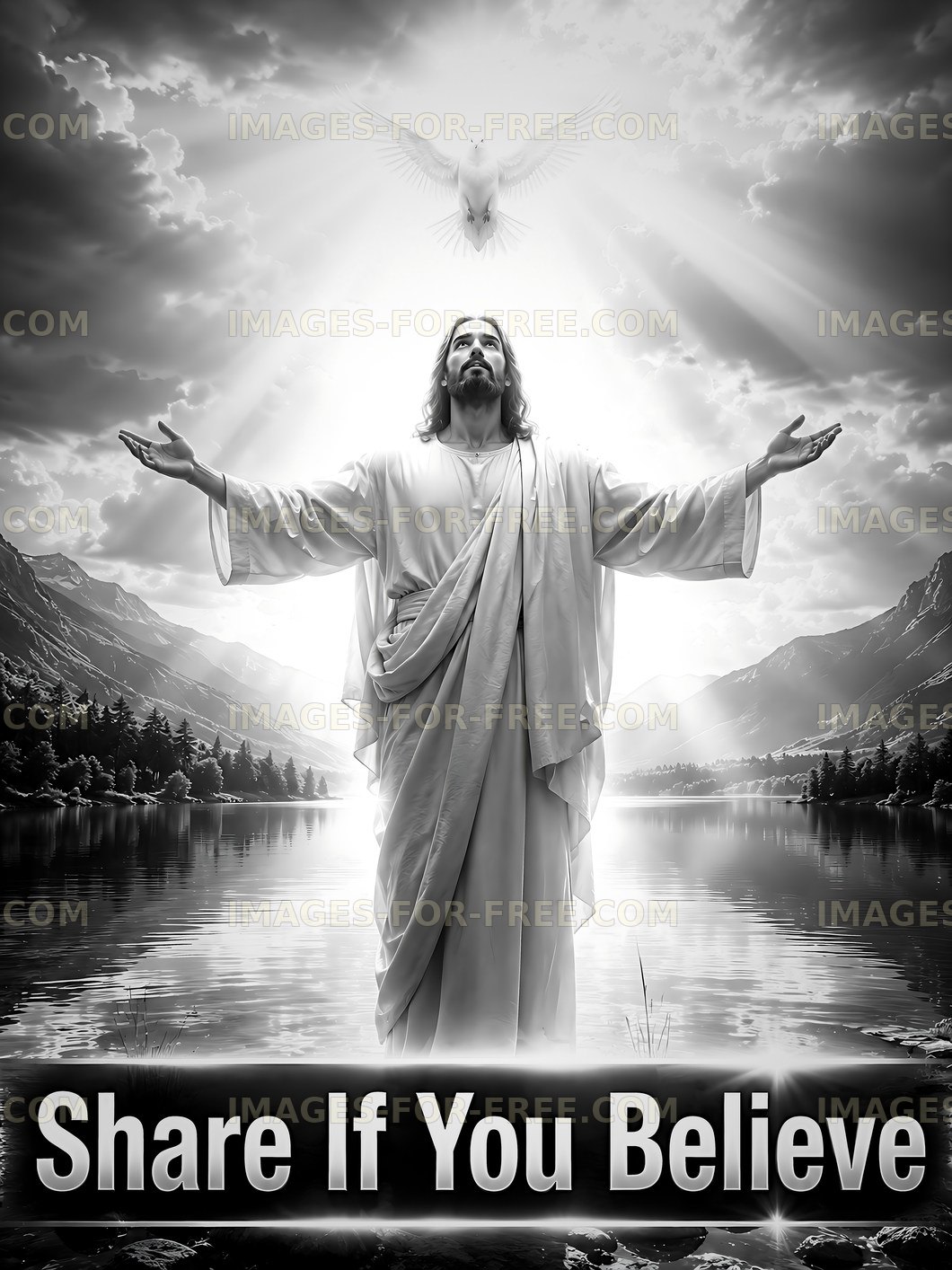 Jesus with open arms near tranquil lake and mountains