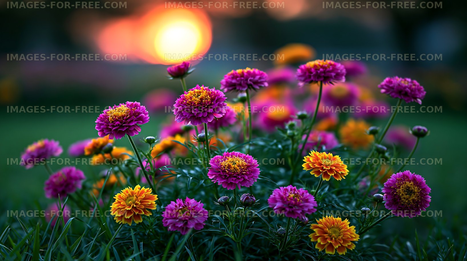 Colorful flowers in a garden at sunset