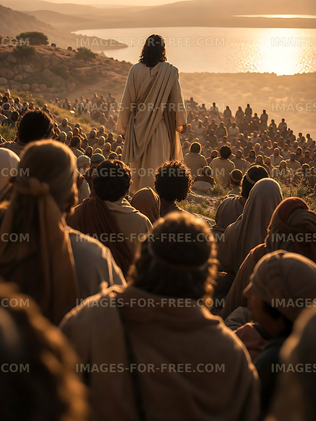 Crowd gathering to listen to teachings near water at sunset