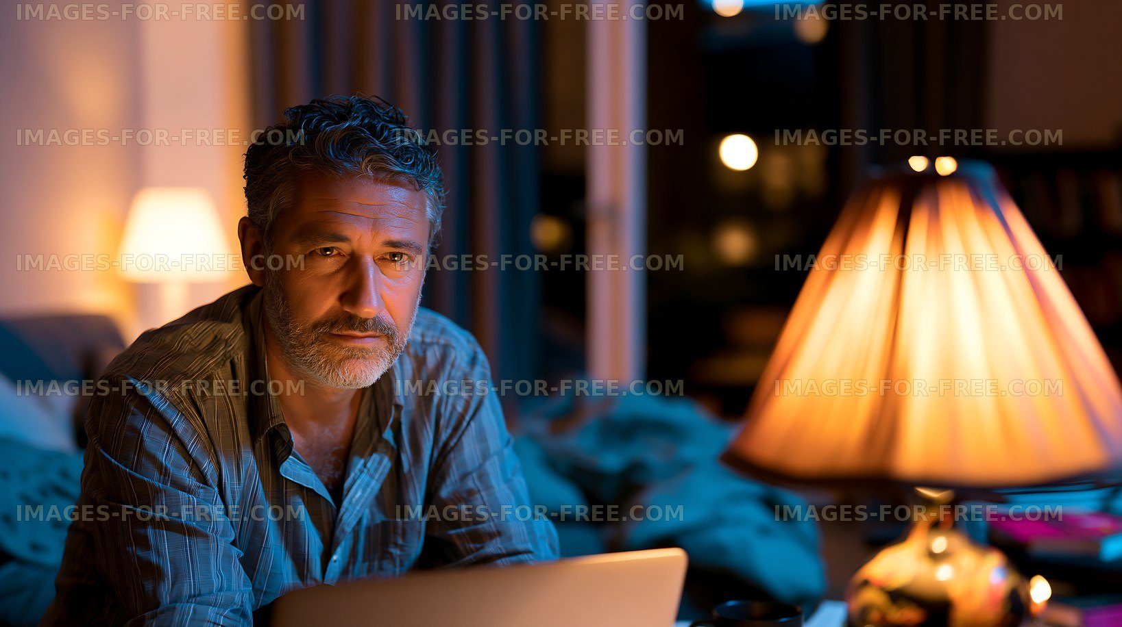 Man working late at night in a cozy room