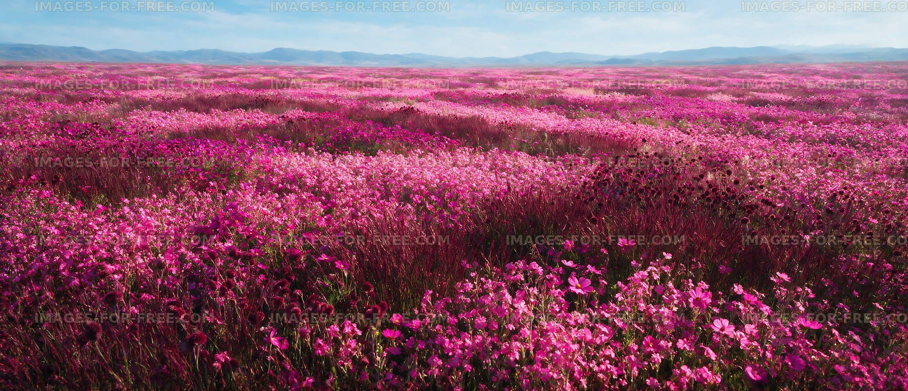 Vast field of pink flowers under a clear blue sky