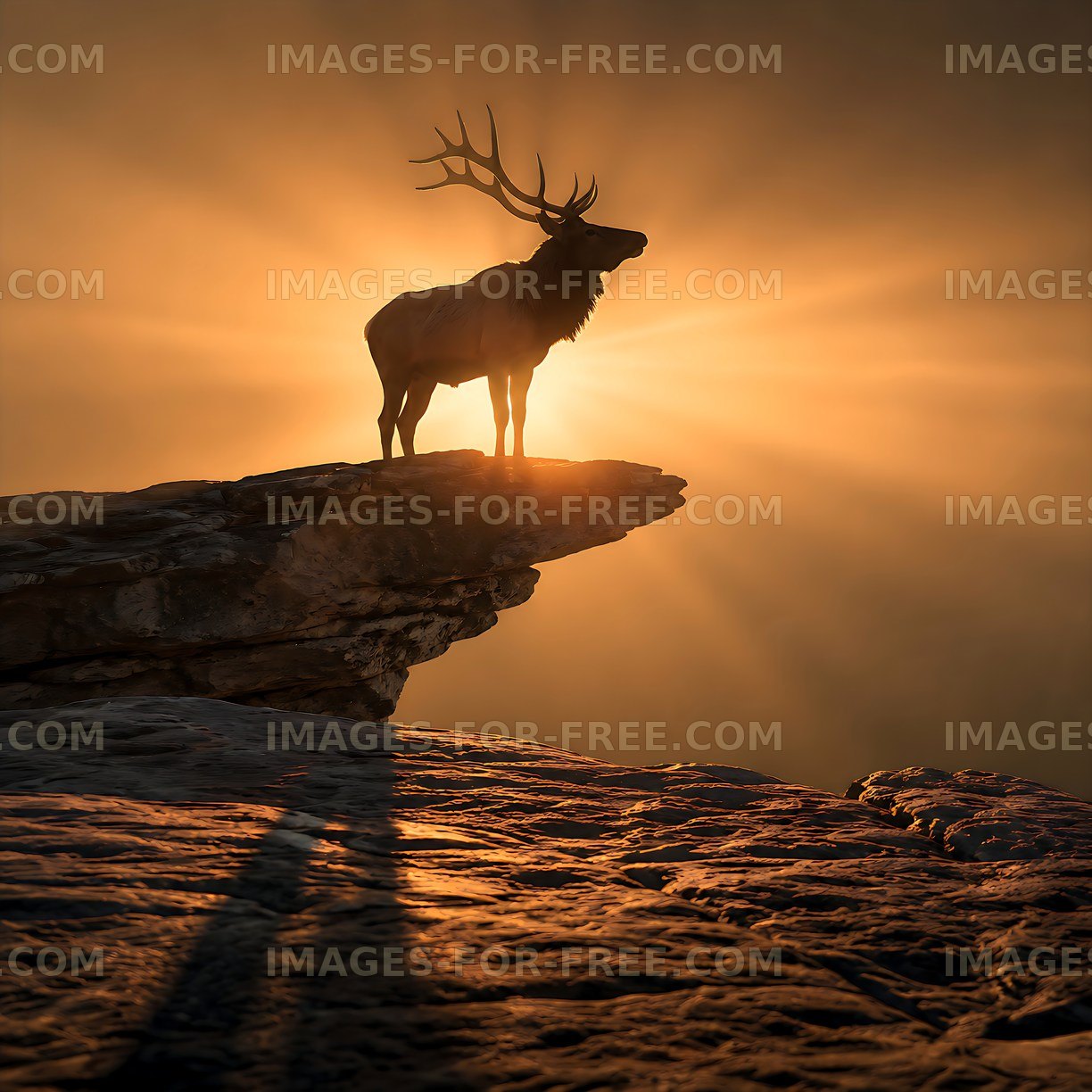 Elk standing on cliff against sunset background