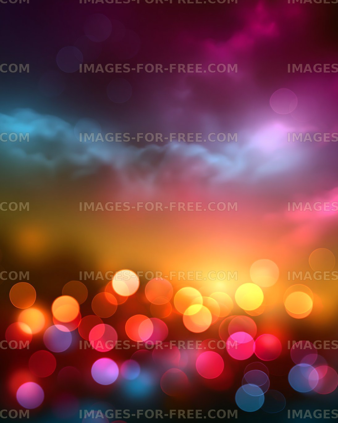 Colorful bokeh lights against a blurred sky at sunset